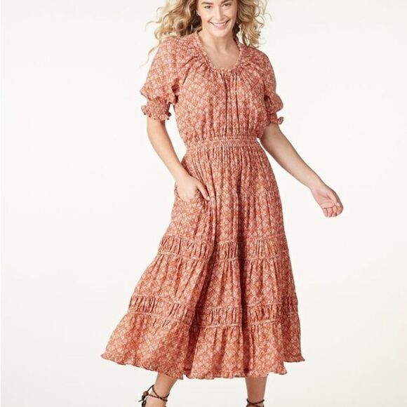 THE ODELLS Margherita Midi Dress - BRICK MULTI NWOT - Picture 2 of 6